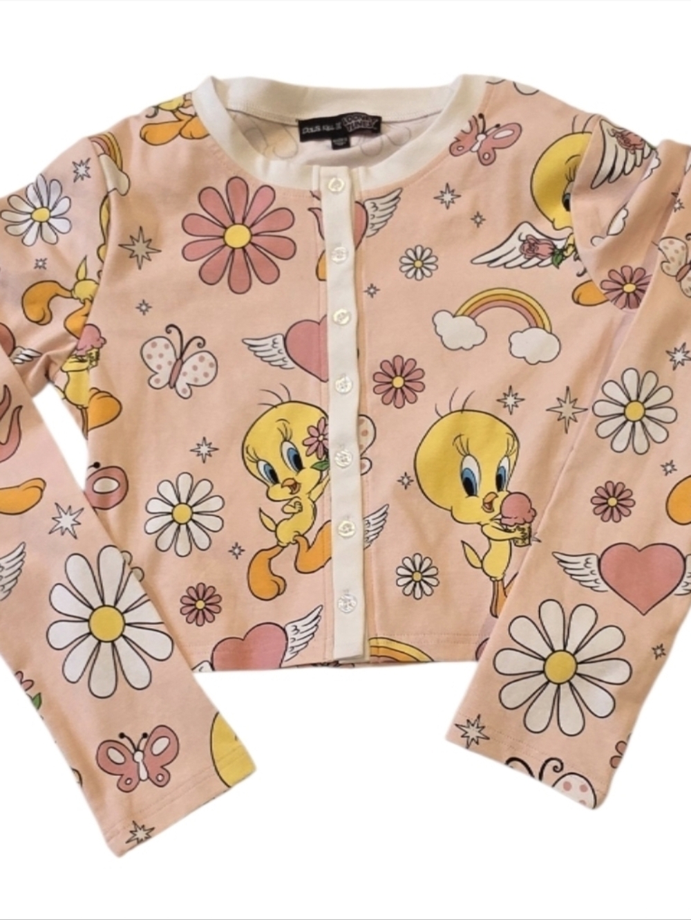 Dolls Kill x Looney Tunes Tweety Bird Crop Cardigan Pink Floral Graphic Top